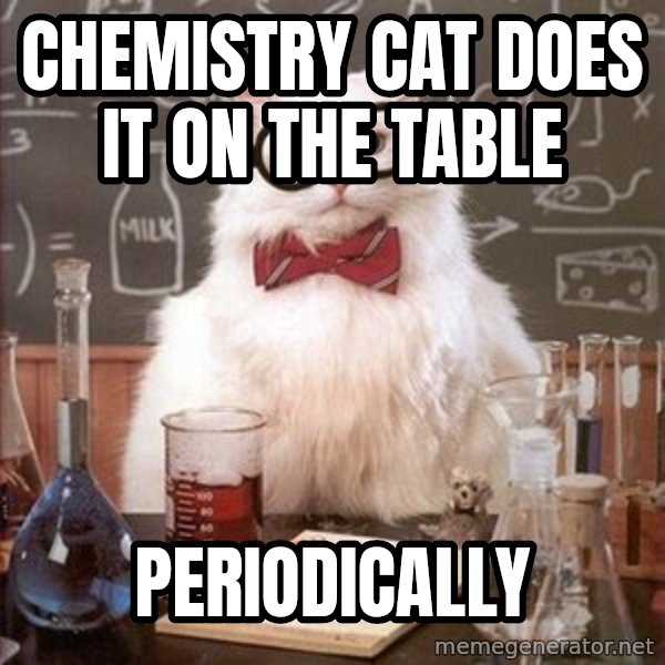 Chemistry Cat meme: Chemistry cat does it on the table / periodically