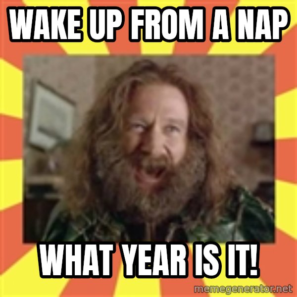 Robin Williams meme: wake up from a nap / what year is it!