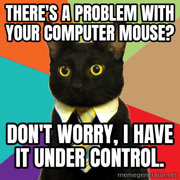 Business Cat meme: there's a problem with your computer mouse? / don't worry, i have it under control.