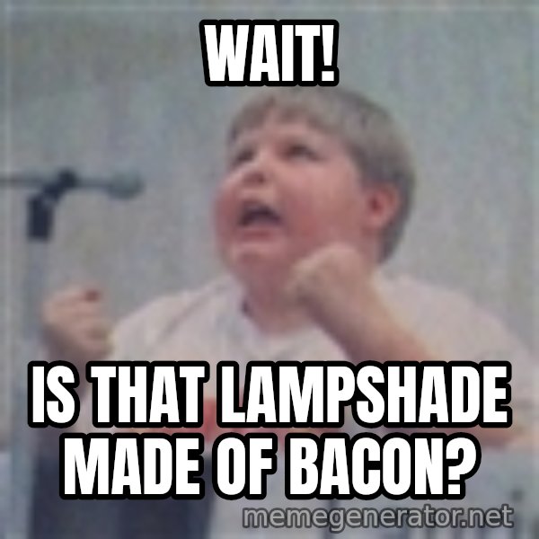The Fotographing Fat Kid meme: Wait! / is that lampshade made of bacon?