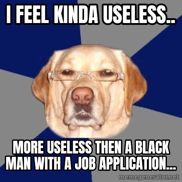 Racist Dog meme: I feel kinda useless.. / more useless then a black man with a job application...