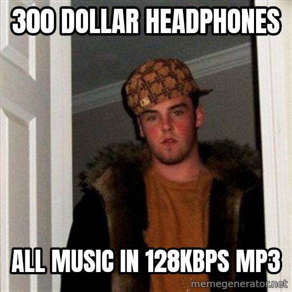 Scumbag Steve meme: 300 dollar headphones / all music in 128kbps mp3