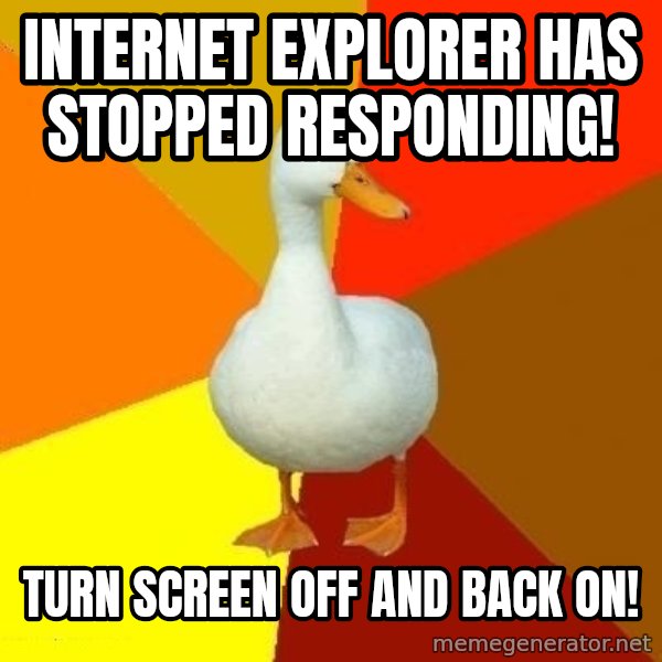Technologically Impaired Duck meme: internet explorer has stopped responding! / turn screen off and back on!