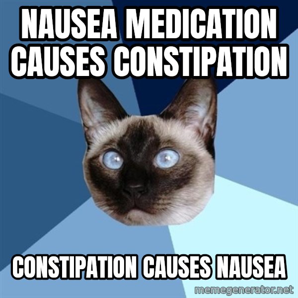 Chronic Illness Cat meme: nausea medication causes constipation / constipation causes nausea