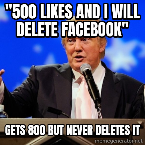 Annoying Facebook Girl meme: "500 likes and i will delete facebook" / gets 800 but never deletes it