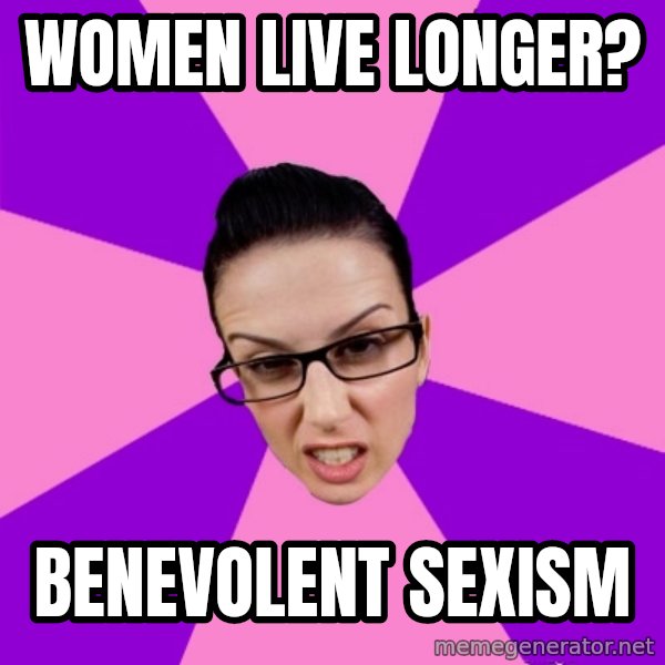 Privilege Denying Feminist meme: Women live longer? / benevolent sexism
