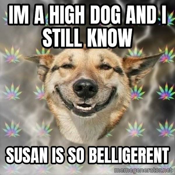 Stoner Dog meme: im a high dog and i still know / SUSAN IS SO belligerent