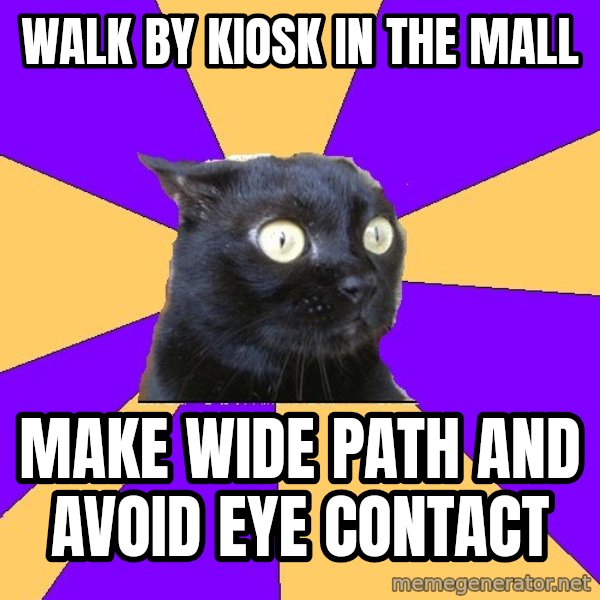 Anxiety Cat meme: Walk by kiosk in the mall / make wide path and avoid eye contact