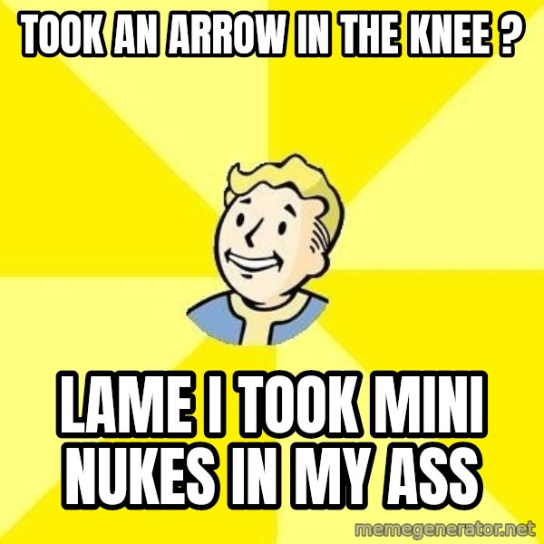 Fallout 3 meme: took an arrow in the knee ? / lame i took mini nukes in my ass