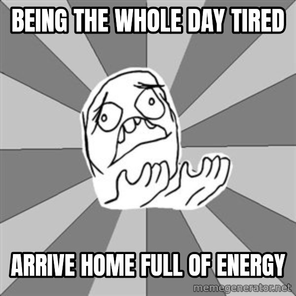 Whyyy??? meme: being the whole day tired / arrive home full of energy