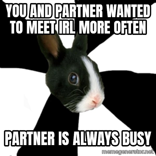 Roleplaying Rabbit meme: You and partner wanted to meet IRL more often / partner is always busy