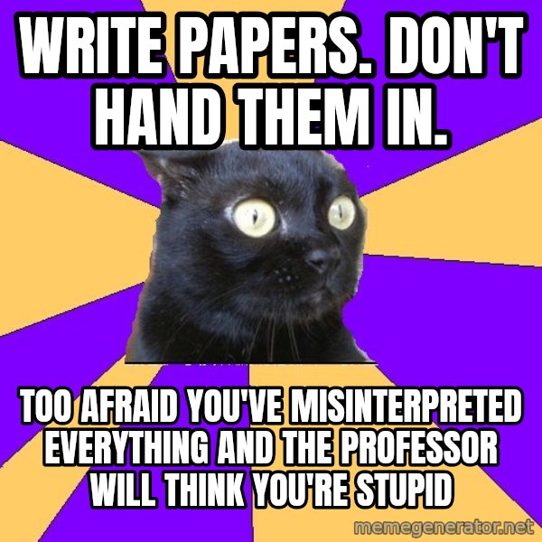 Anxiety Cat meme: WRITE PAPERS.  DON'T HAND THEM IN. / TOO AFRAID YOU'VE MISINTERPRETED EVERYTHING AND THE PROFESSOR WILL THINK YOU'RE STUPID