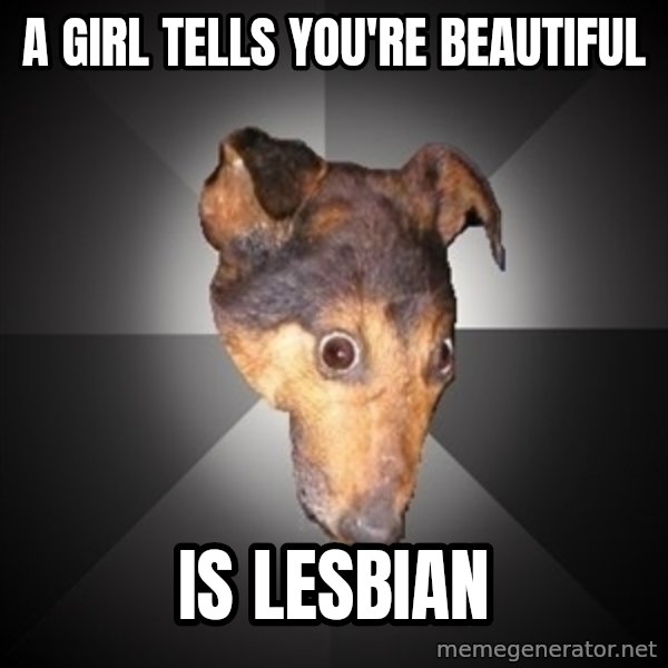 Depression Dog meme: a girl tells  you're beautiful / Is lesbian