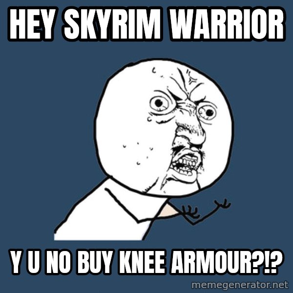 Y U No meme: hey Skyrim warrior / y u no buy knee armour?!?