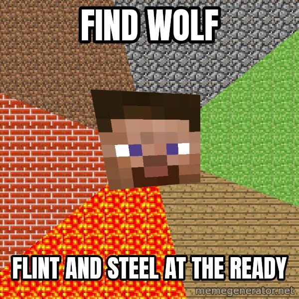 Minecraft Guy meme: Find wolf / flint and steel at the ready