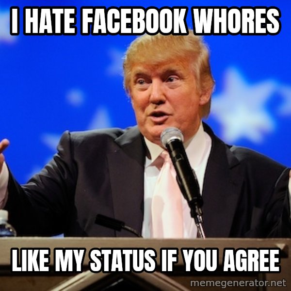 Annoying Facebook Girl meme: I hate facebook whores / Like my status if you agree