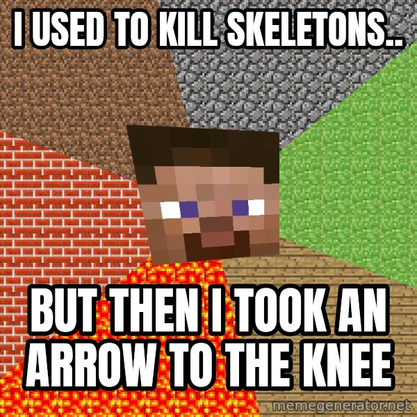 Minecraft Guy meme: i used to kill skeletons.. / but then I took an arrow to the knee
