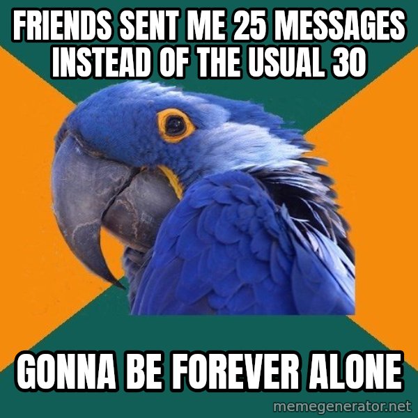 Paranoid Parrot meme: FRIENDS SENT ME 25 MESSAGES INSTEAD OF THE USUAL 30 / GONNA BE FOREVER ALONE