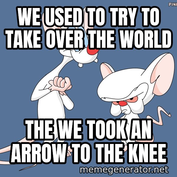 Pinky And The Brain meme: We used to try to take over the world / The we took an arrow to the knee