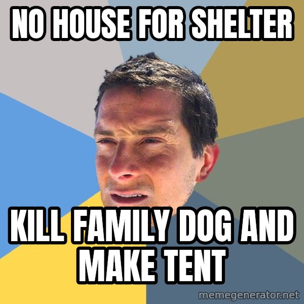 Bear Grylls meme: No house for shelter / kill family dog and make tent