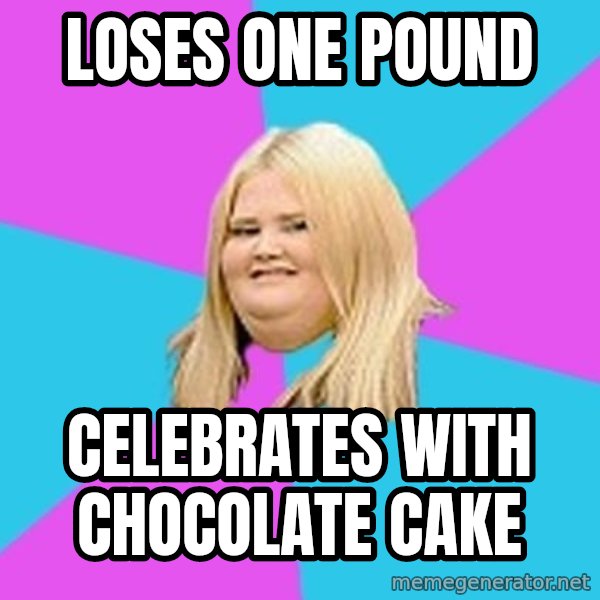 Fat Girl meme: Loses one pound / celebrates with chocolate cake
