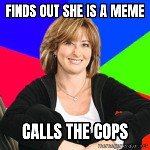 Sheltering Suburban Mom meme: Finds out she is a meme / Calls the cops