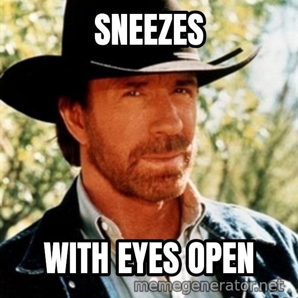 Brutal Chuck Norris meme: sneezes / with eyes open