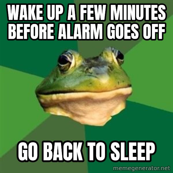 Foul Bachelor Frog meme: wake up a few minutes before alarm goes off / go back to sleep