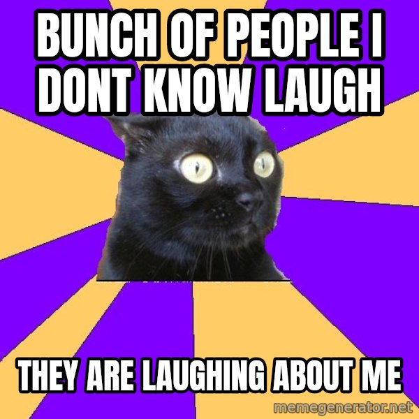 Anxiety Cat meme: bunch of people i dont know laugh / they are laughing about me