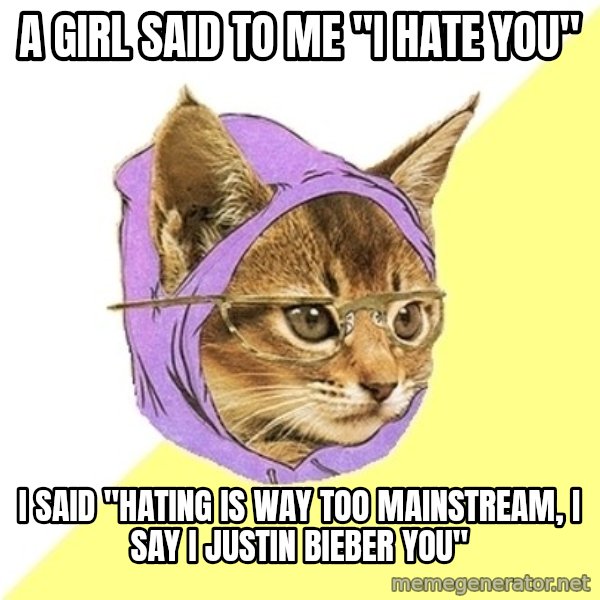 Hipster Kitty meme: a girl said to me "i hate you" / i said "hating is way too mainstream, i say i justin bieber you"