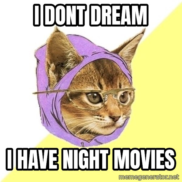 Hipster Kitty meme: i dont dream / i have night movies