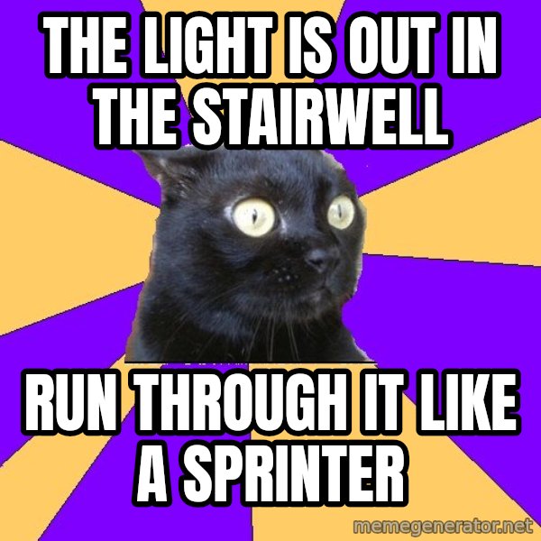 Anxiety Cat meme: The light is out in the stairwell / Run through it like a sprinter
