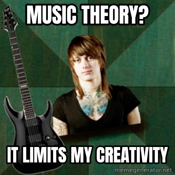 Progressive Guitarist meme: Music theory? / It limits my creativity