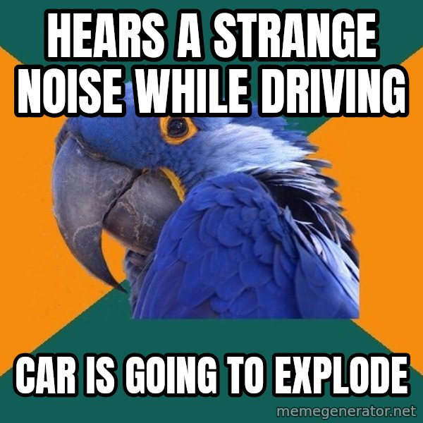 Paranoid Parrot meme: Hears a strange noise while driving / car is going to explode