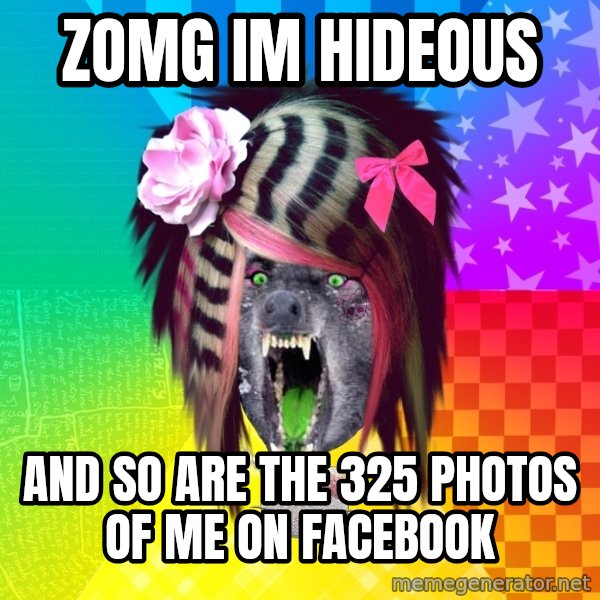 Insanity Scene Wolf meme: ZOMG IM HIDEOUS / AND SO ARE THE 325 PHOTOS OF ME ON FACEBOOK