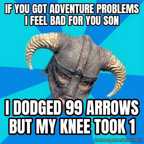 skyrim stan meme: if you got adventure problems i feel bad for you son / i dodged 99 arrows but my knee took 1