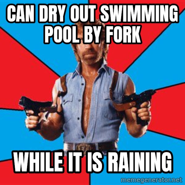 Chuck Norris  meme: CAN DRY OUT SWIMMING POOL BY FORK / WHILE IT IS RAINING