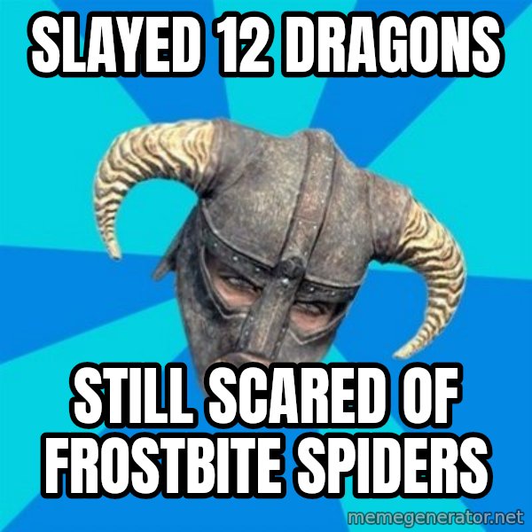 skyrim stan meme: slayed 12 dragons / still scared of frostbite spiders