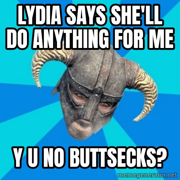 skyrim stan meme: lydia says she'll do anything for me / y u no buttsecks?