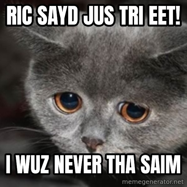 Sadcat meme: Ric sayd jus tri eet! / I wuz never tha saim