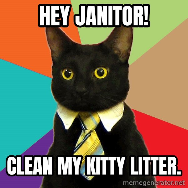 Business Cat meme: Hey janitor! / Clean my kItty litter.