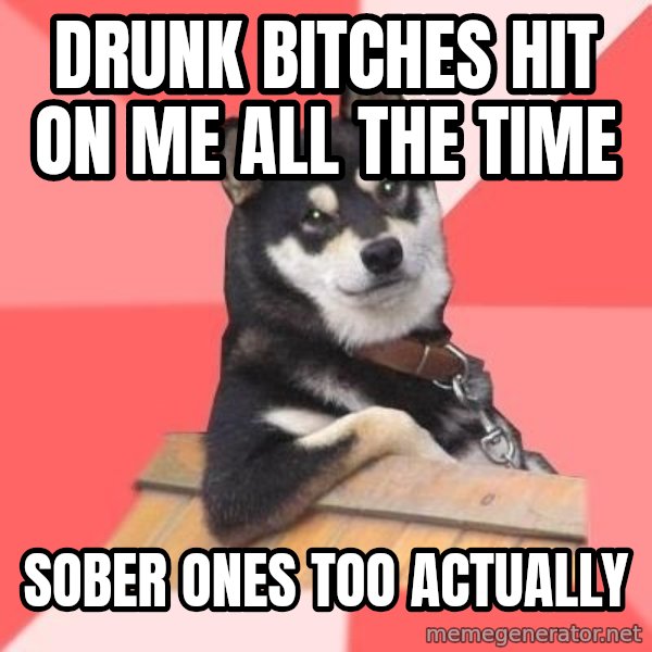 Cool Dog meme: Drunk bitches hit on me all the time / Sober ones too actually