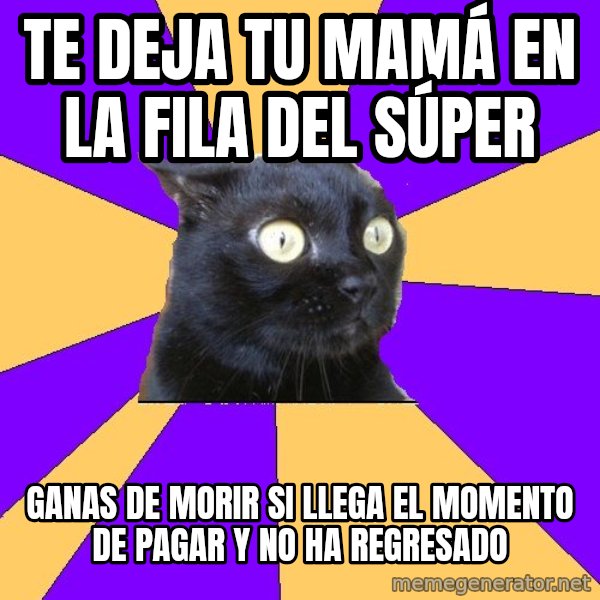 Anxiety Cat meme: Te deja tu mamá en la fila del súper / ganas de morir si llega el momento de pagar y no ha regresado