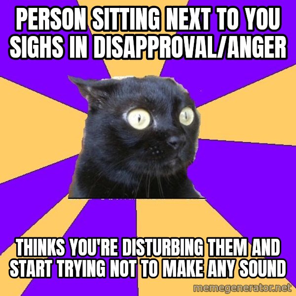 Anxiety Cat meme: person sitting next to you sighs in disapproval/anger / thinks you're disturbing them and start trying not to make any sound