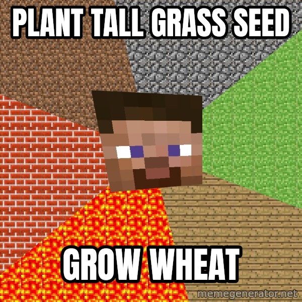 Minecraft Guy meme: plant tall grass seed / grow wheat