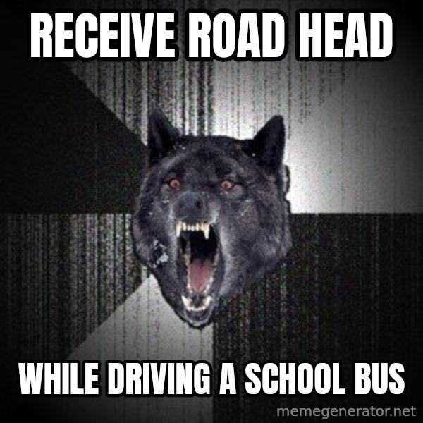 Insanity Wolf meme: receive road head / while driving a school bus