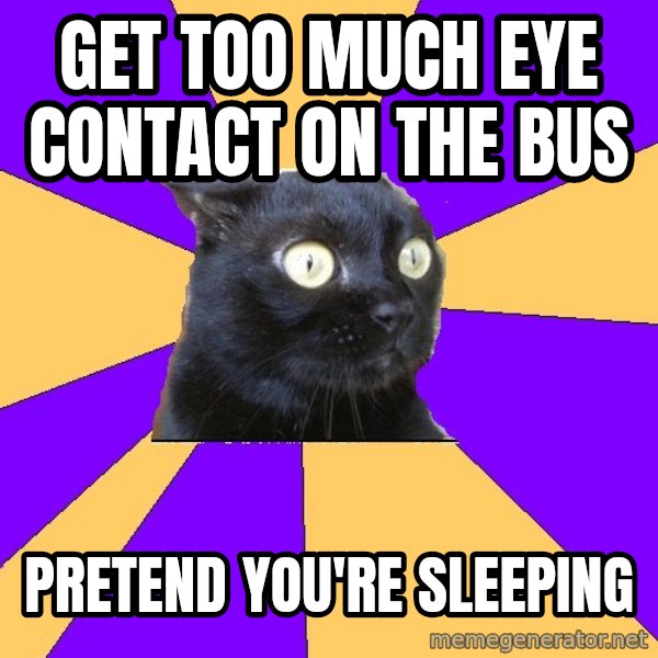 Anxiety Cat meme: get too much eye contact on the bus / pretend you're sleeping