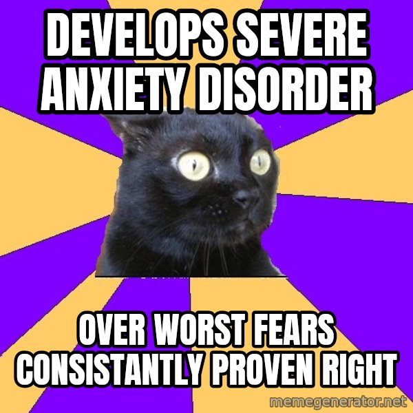 Anxiety Cat meme: develops severe anxiety disorder / over worst fears consistantly proven right