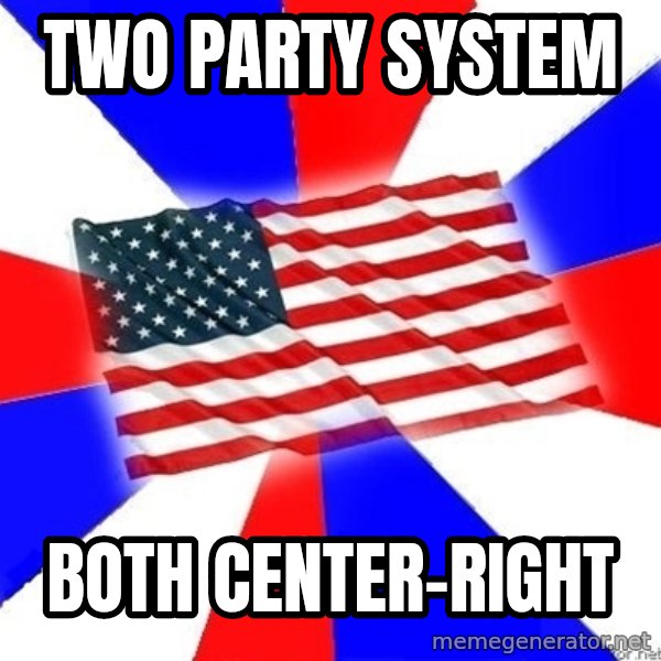 American Flag meme: TWO PARTY SYSTEM / BOTH CENTER-RIGHT