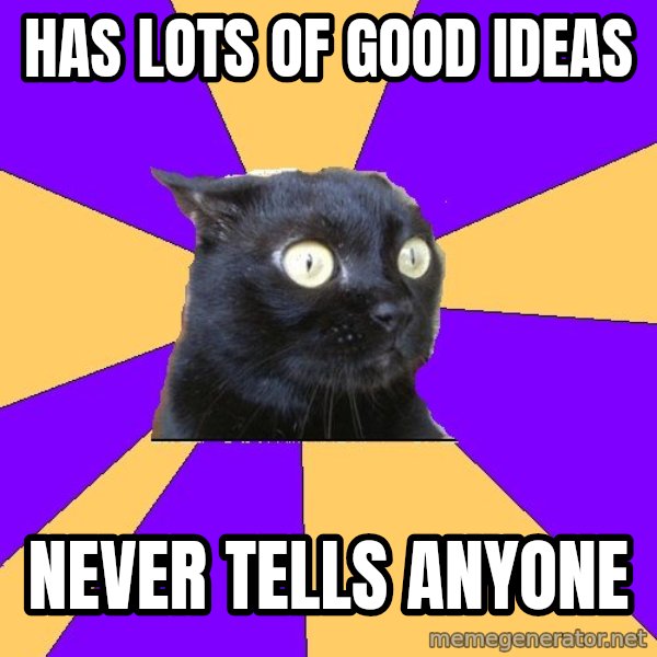 Anxiety Cat meme: has lots of good ideas / never tells anyone